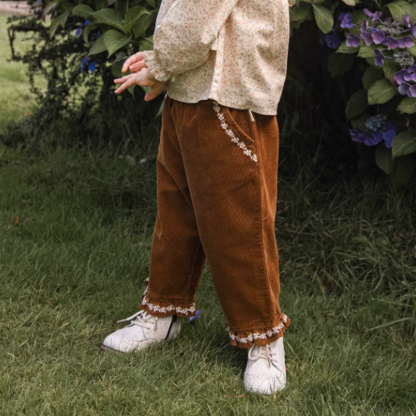 Toddler Girl Floral Embroidered Brown Corduroy Pants - image 4