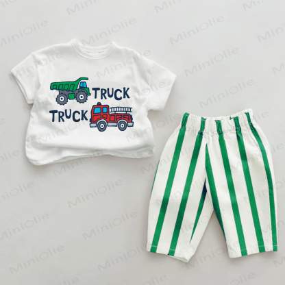 TRUCK TRUCK Baby Green Truck Print Vertical Striped 2-piece Set - White&Green - 2-3T - image 1