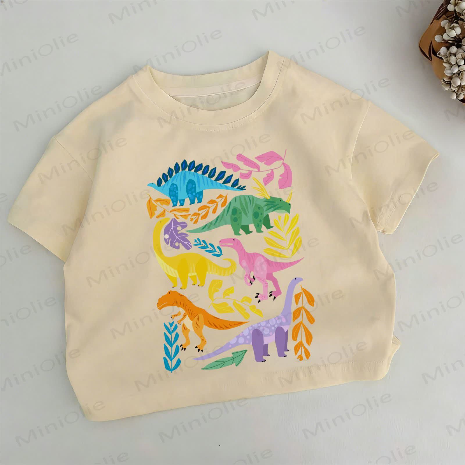 Toddler Kid Dinosaur and Leaf Print Khaki T-shirt - Khaki - 12-13T - image 1