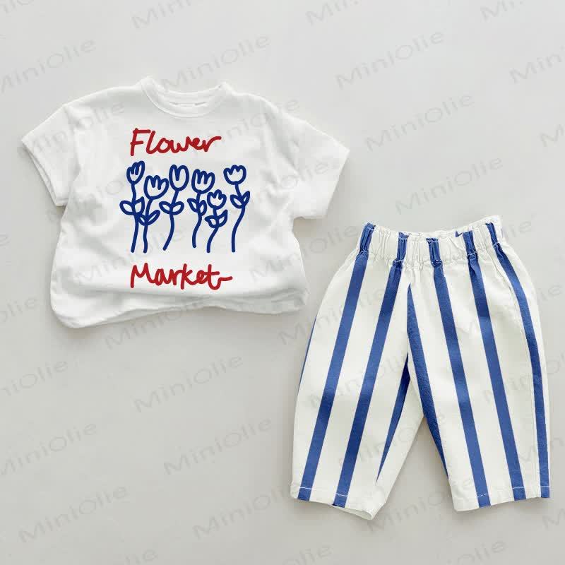 FLOWER MARKET Baby Blue Vertical Striped Pants 2-piece Set - White&Blue - 2-3T - image 1