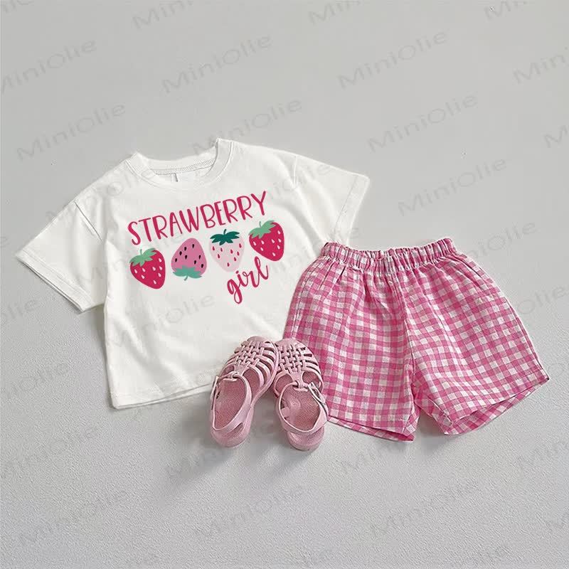 STRAWBERRY GIRL Baby Tee and Plaid Shorts 2-Piece Set - White&Pink - 3-5T - image 1