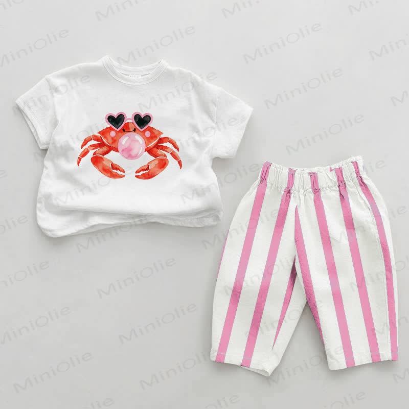 Baby Pink Bubble-Blowing Crab Vertical Striped 2-piece Set - White&Pink - 2-3T - image 1
