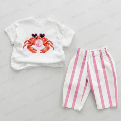 Baby Pink Bubble-Blowing Crab Vertical Striped 2-piece Set - White&Pink - 2-3T - image 1