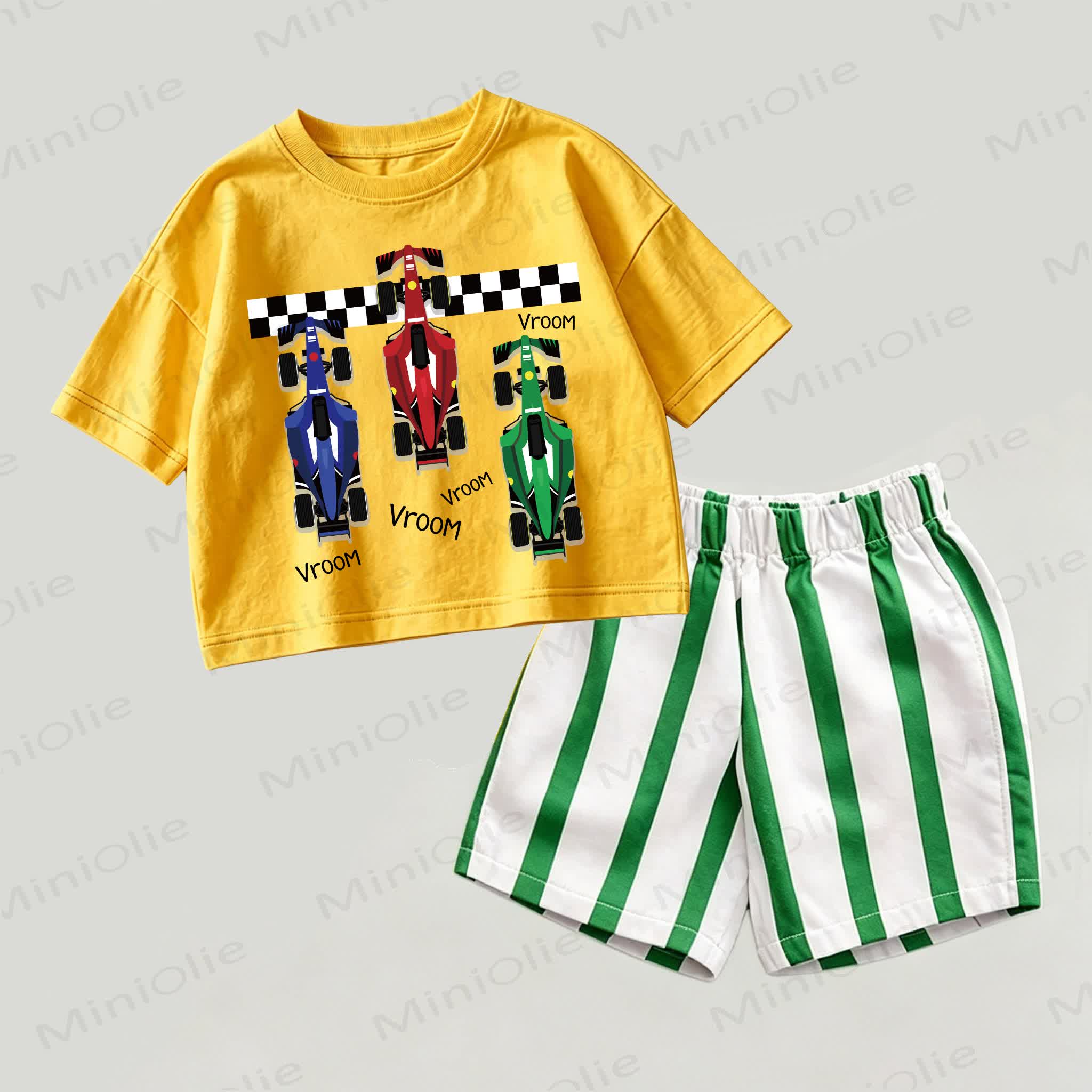 VROOM Baby Yellow&Green Race Car Top and Striped Shorts 2-piece Set - Yellow&Green - 2-3T - image 1