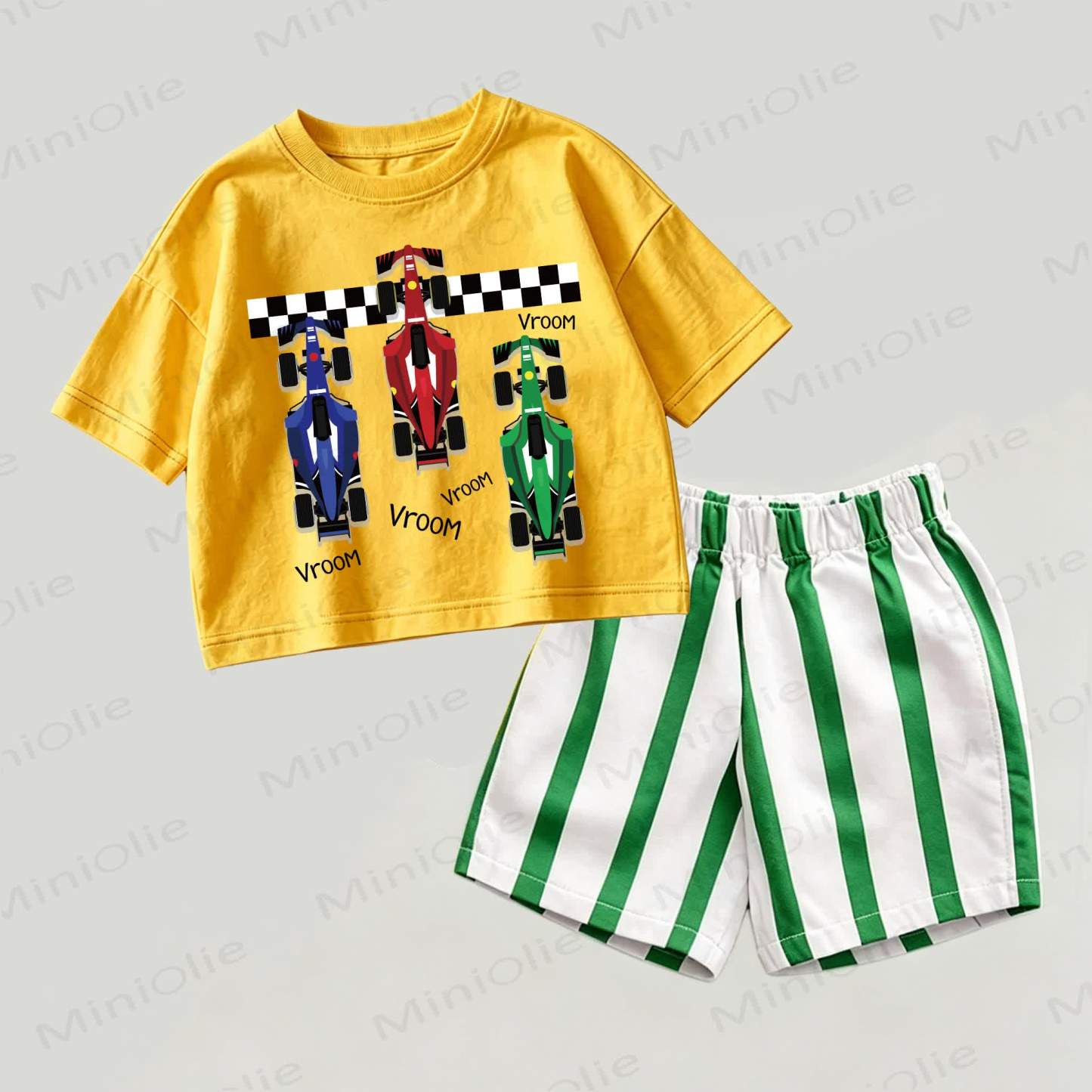 VROOM Baby Yellow&Green Race Car Top and Striped Shorts 2-piece Set - Yellow&Green - 2-3T - image 1