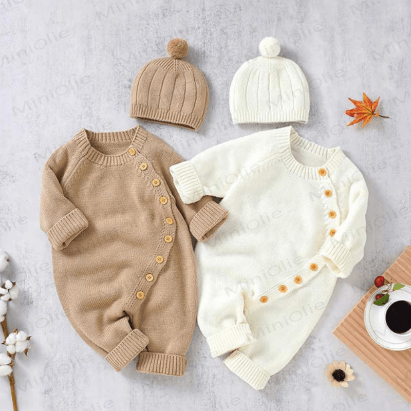 Baby Solid Color Knit Romper with Hat - image 9