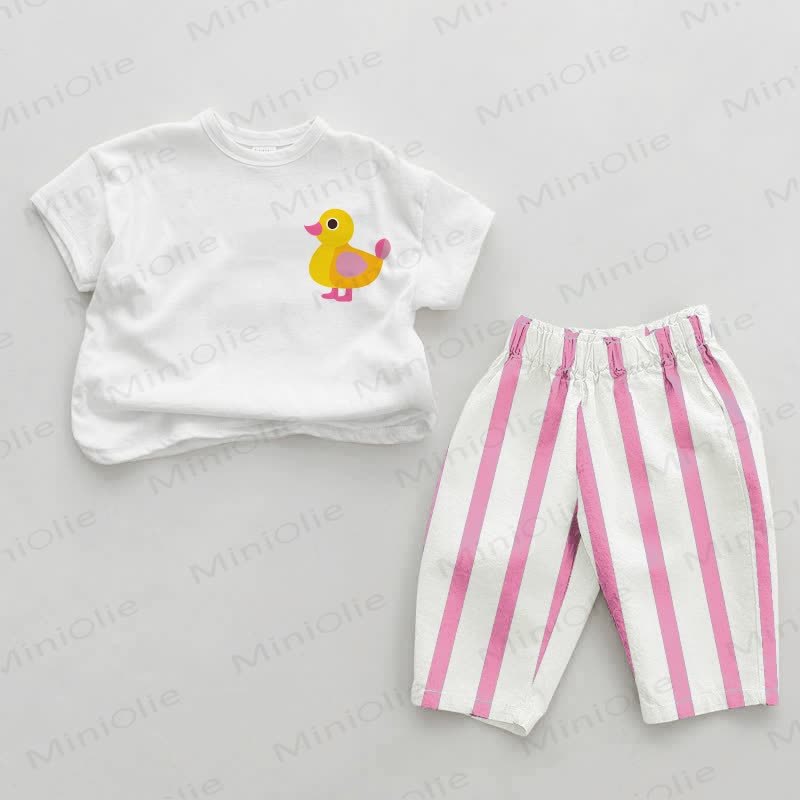 Baby Pink Duck Print Vertical Striped 2-piece Set - White&Pink - 2-3T - image 1