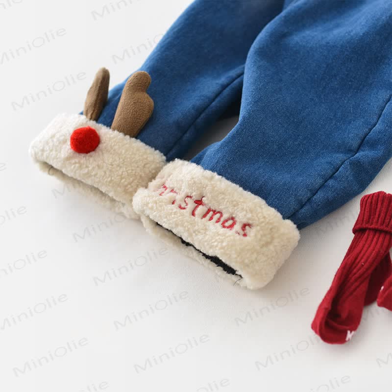 CHRISTMAS Baby Denim Deer Fleece Lined Pants - image 8