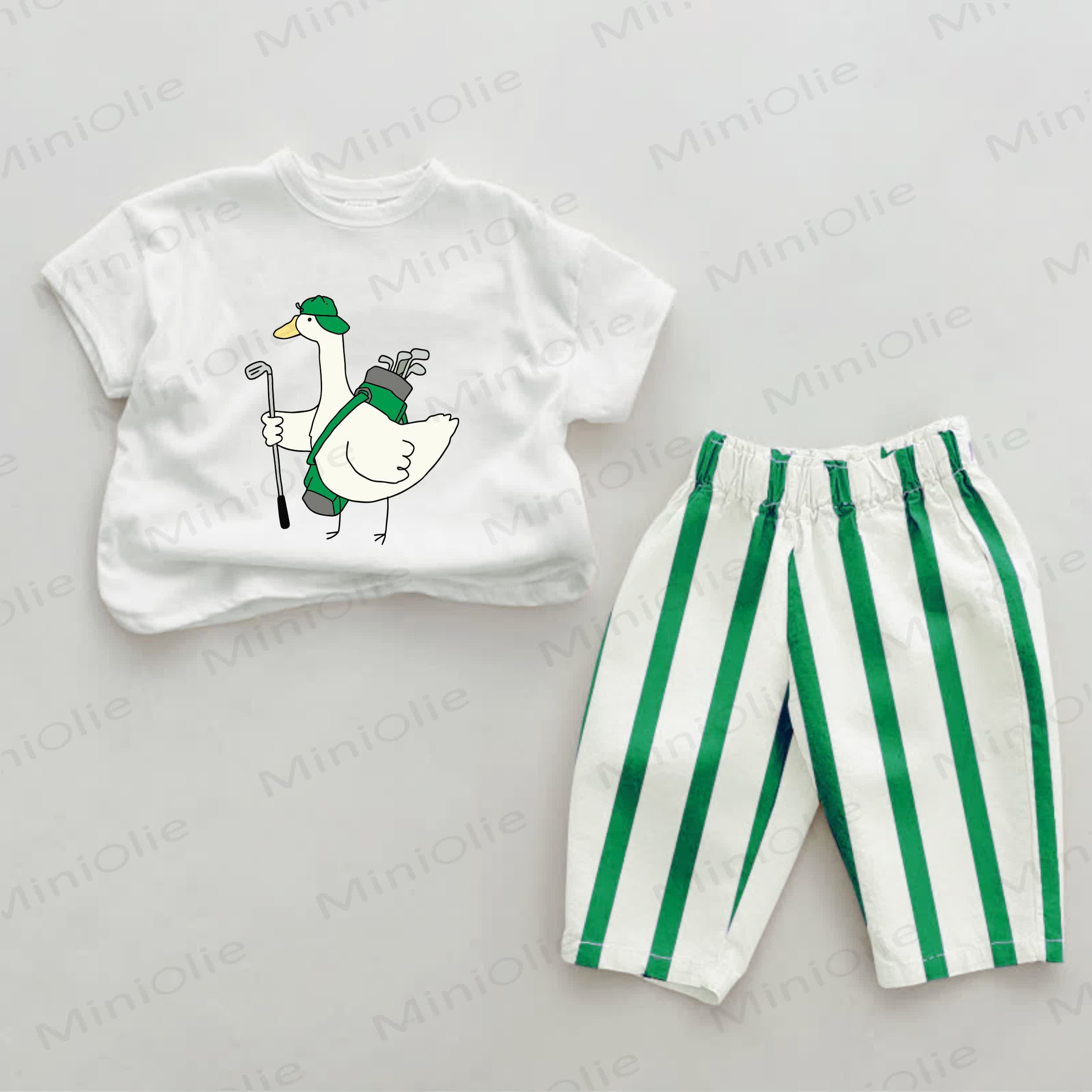 Baby Green Golf Duck Print Vertical Striped 2-piece Set - White&Green - 2-3T - image 1