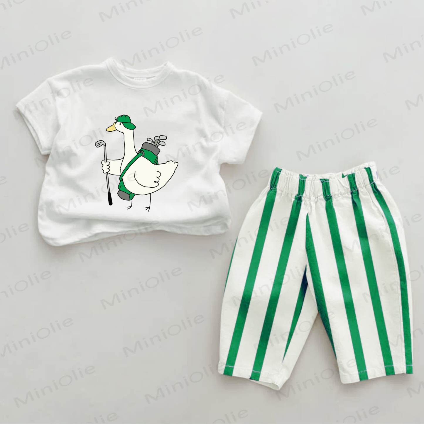 Baby Green Golf Duck Print Vertical Striped 2-piece Set - White&Green - 2-3T - image 1