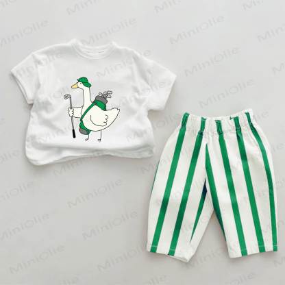 Baby Green Golf Duck Print Vertical Striped 2-piece Set - White&Green - 2-3T - image 1