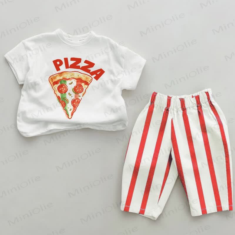 PIZZA Baby Food Print Red Vertical Striped 2-piece Set - White&Red - 2-3T - image 1