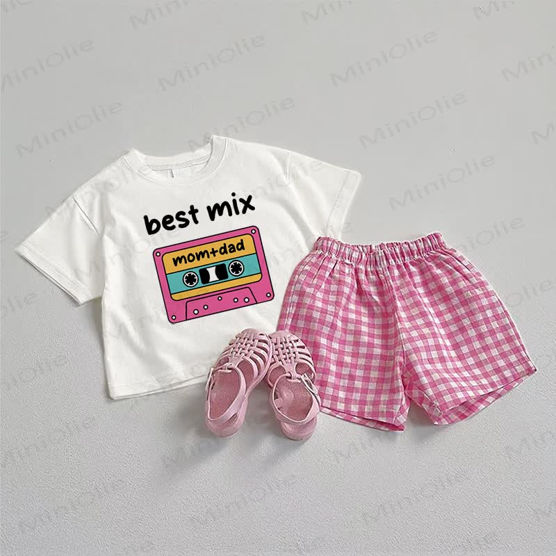 BEST MIX MOM+DAD Baby Print Tee and Plaid Shorts 2-Piece Set - White&Pink - 3-5T - image 1