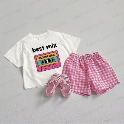 BEST MIX MOM+DAD Baby Print Tee and Plaid Shorts 2-Piece Set - White&Pink - 3-5T - image 1