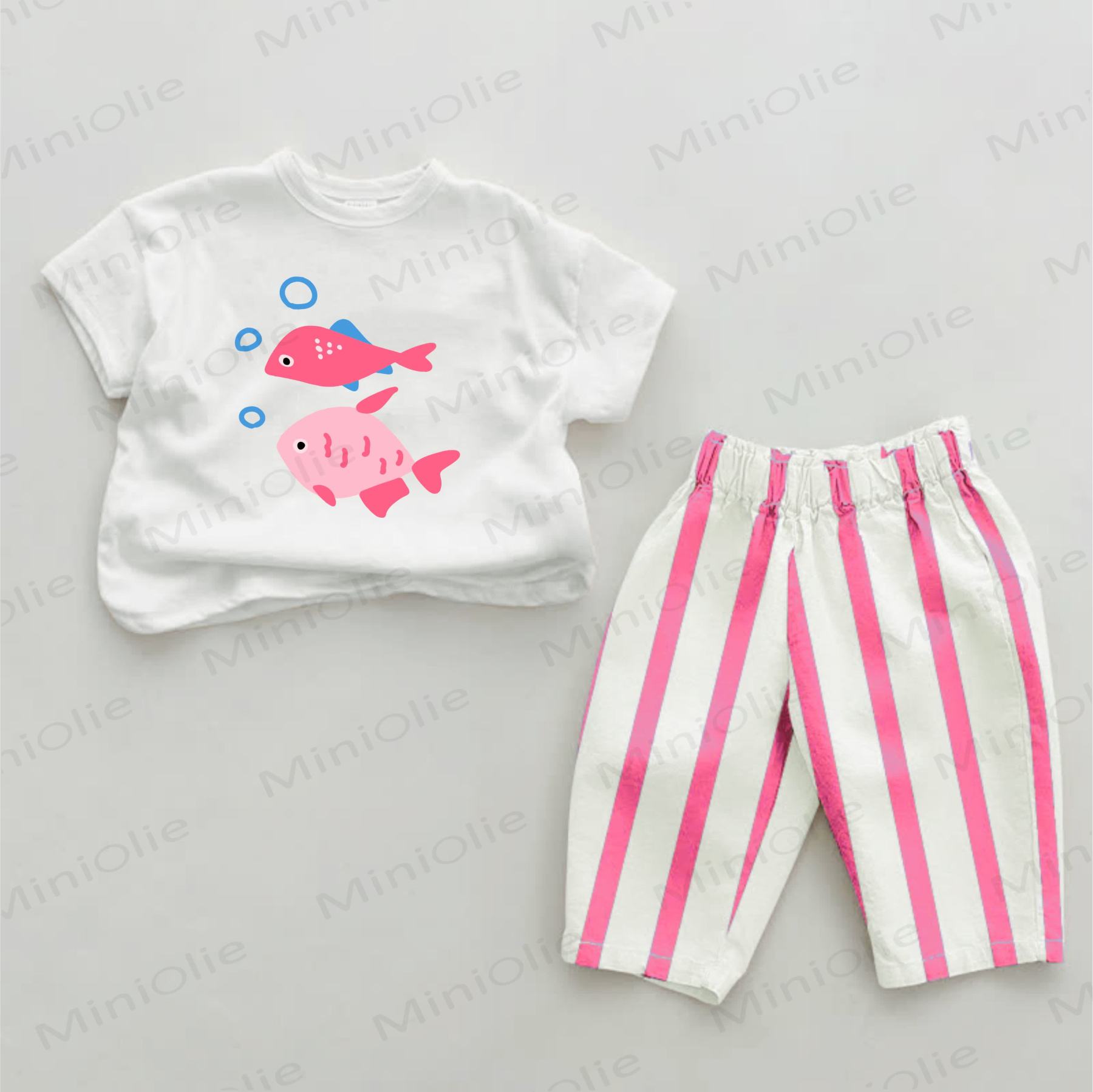 Baby Fish Pink Vertical Striped 2-piece Set - White&Pink - 2-3T - image 1