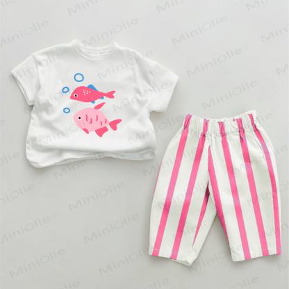 Baby Fish Pink Vertical Striped 2-piece Set - White&Pink - 2-3T - image 1