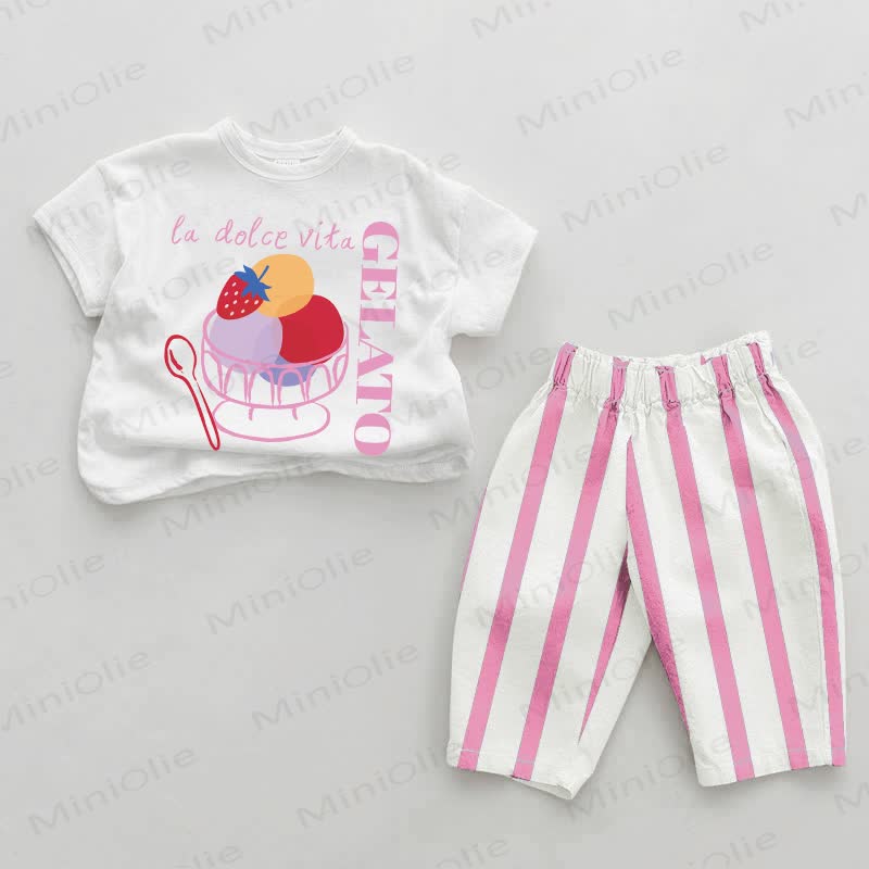 LA DOLCE VITA GELATO Baby Girl Pink Vertical Striped 2-piece Set - White&Pink - 2-3T - image 1