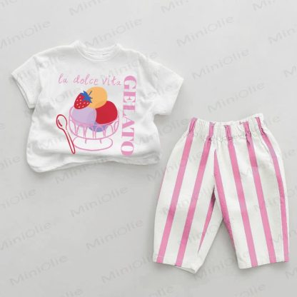 LA DOLCE VITA GELATO Baby Girl Pink Vertical Striped 2-piece Set - White&Pink - 2-3T - image 1