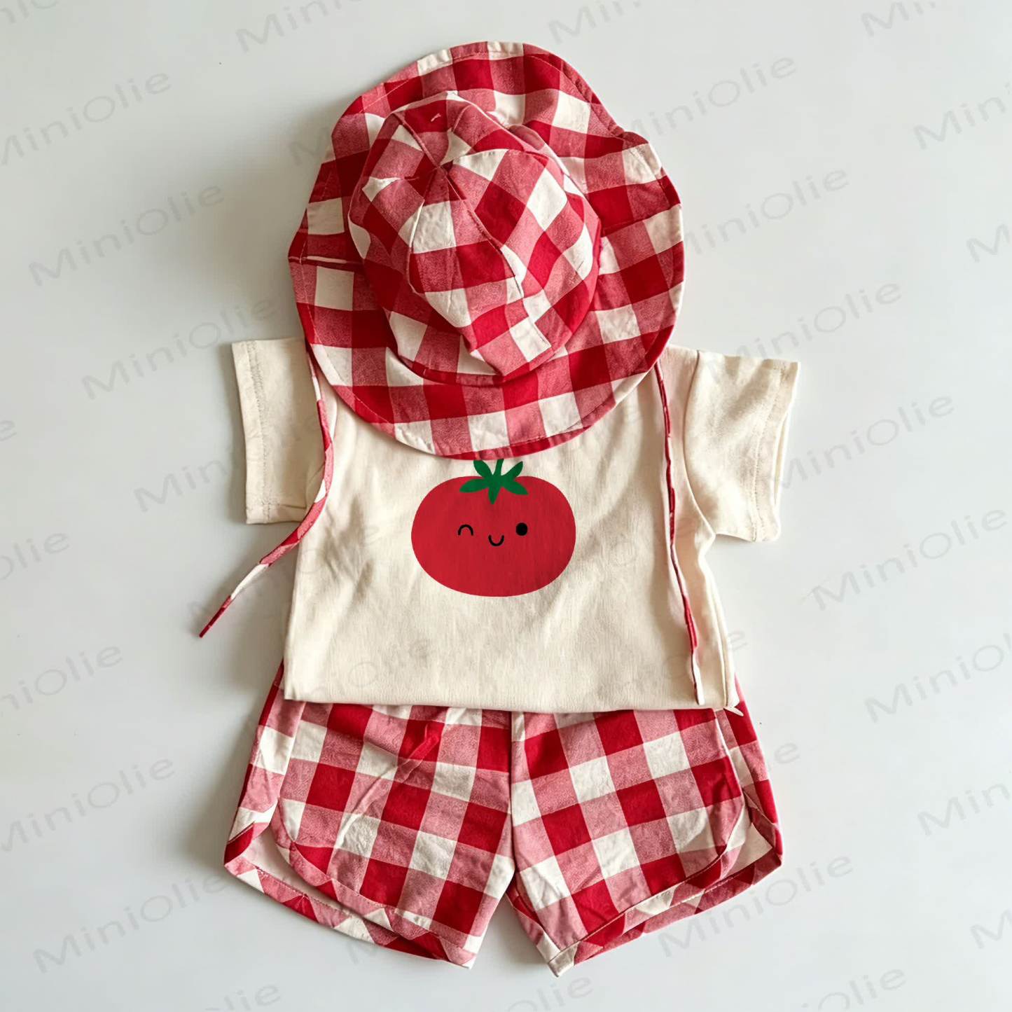 Toddler Red Tomato Print Plaid 2-piece Set with Hat - White&Red - 6-7T - image 1