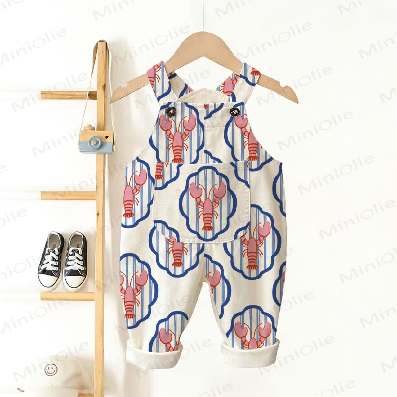 Baby Toddler White Lobster Print Striped Overalls - White - 3-5T - image 1
