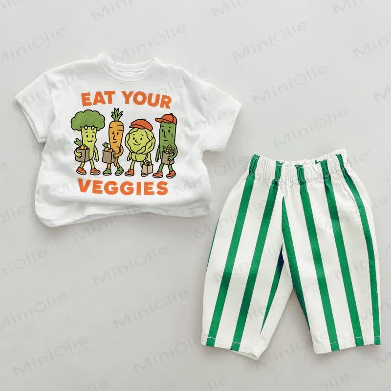 EAT YOUR VEGGIES Baby Green Vertical Striped 2-piece Set - White&Green - 2-3T - image 1