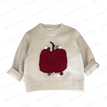Baby Toddler Girl Knit Apple Sweater & Smiley Bear Denim Pants  - Beige Sweater - 3-5T - image 5
