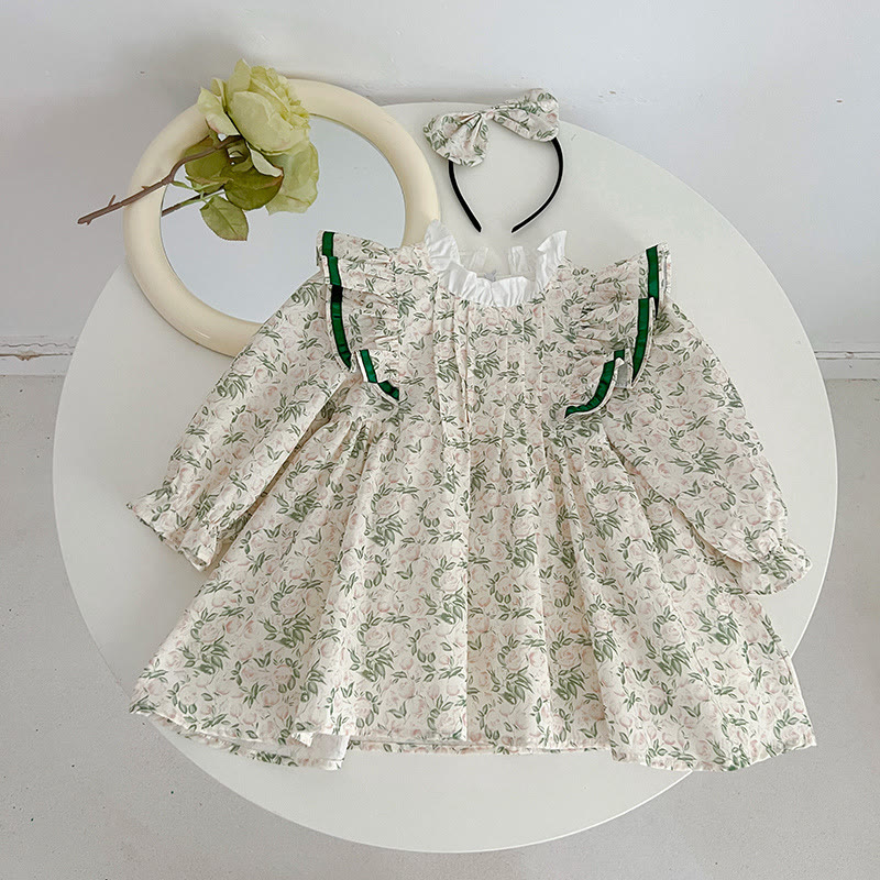 Baby Leaves Ruffled Sleeves Dress with Hairband