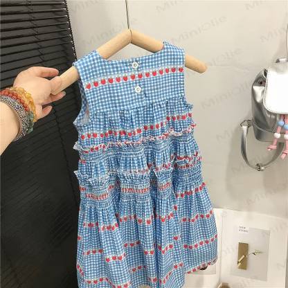 Toddler Blue Plaid Strawberry Sleeveless Dress - image 6