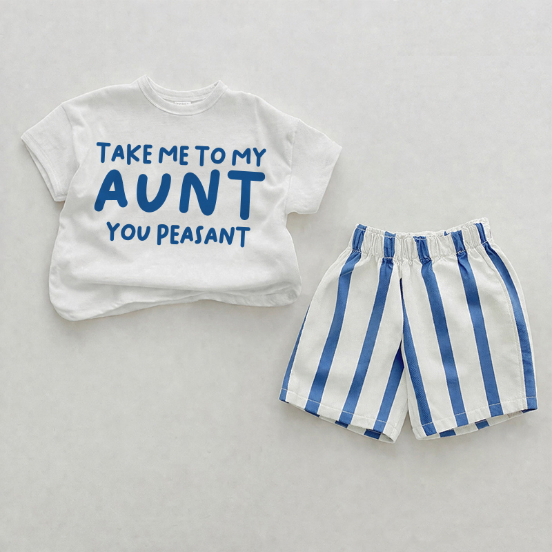 TAKE ME TO MY AUNT/UNCLE YOU PEASANT Baby Blue Vertical Striped 2-piece Shorts Set - White&Blue: AUNT - 2-3T - image 1