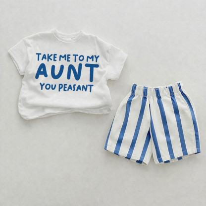 TAKE ME TO MY AUNT/UNCLE YOU PEASANT Baby Blue Vertical Striped 2-piece Shorts Set - White&Blue: AUNT - 2-3T - image 1