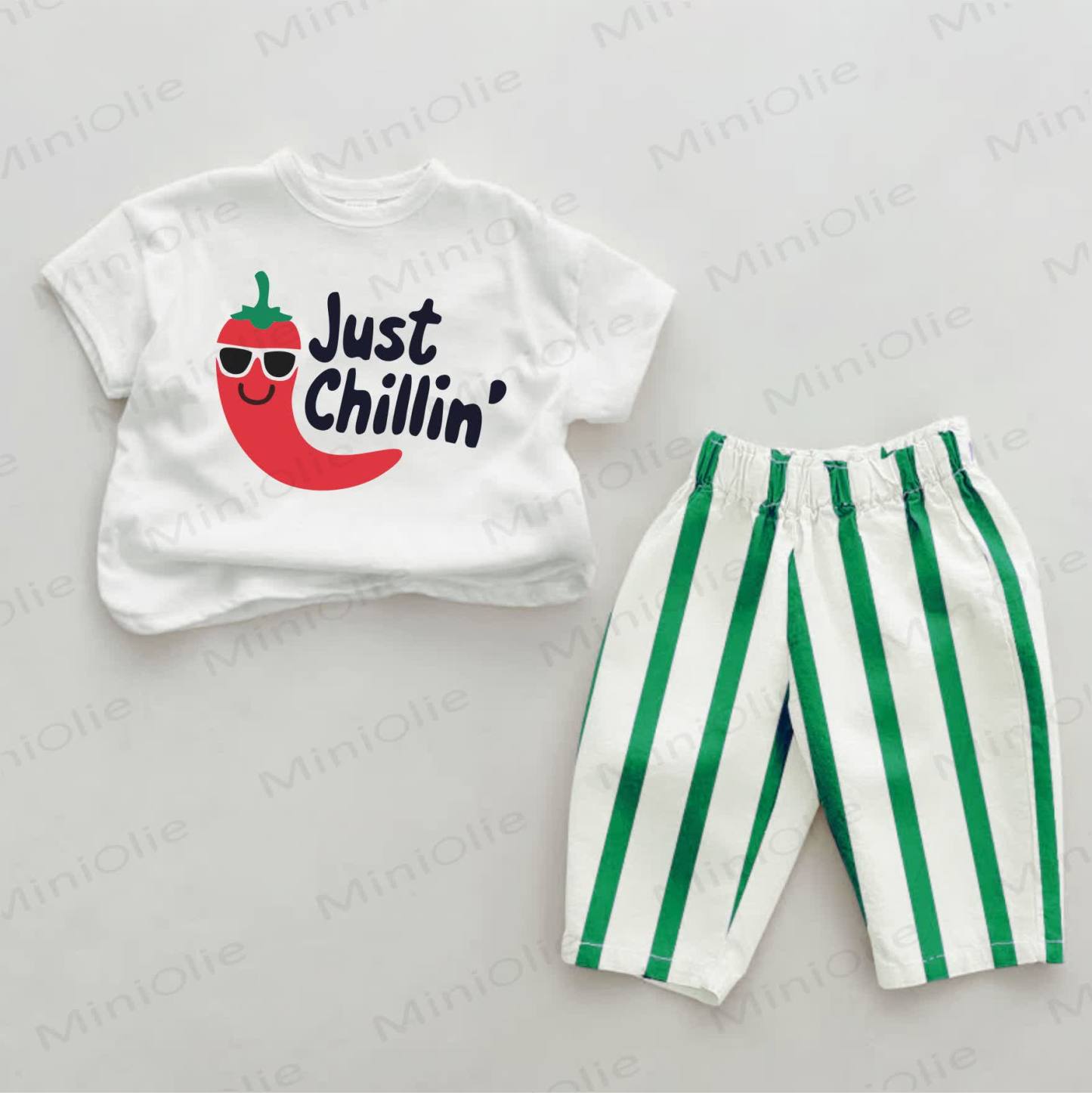 JUST CHILLIN' Baby Green Chili Print Striped 2-piece Set - Green&White - 2-3T - image 1