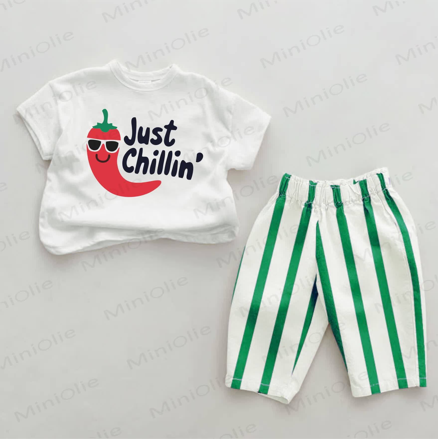 JUST CHILLIN' Baby Green Chili Print Striped 2-piece Set - Green&White - 2-3T - image 1