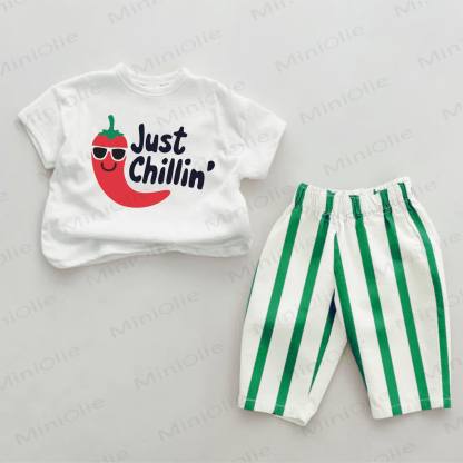 JUST CHILLIN' Baby Green Chili Print Striped 2-piece Set - Green&White - 2-3T - image 1