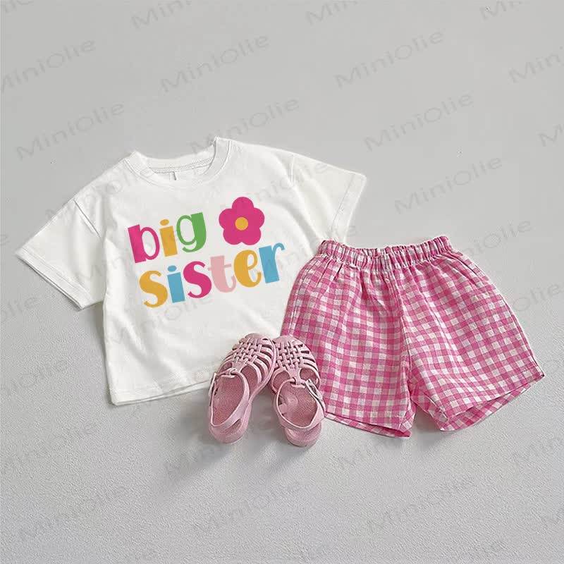 BIG SISTER Baby Tee and Plaid Shorts 2-Piece Set - White&Pink - 3-5T - image 1
