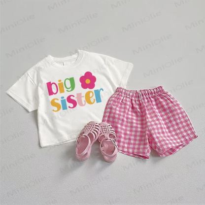 BIG SISTER Baby Tee and Plaid Shorts 2-Piece Set - White&Pink - 3-5T - image 1