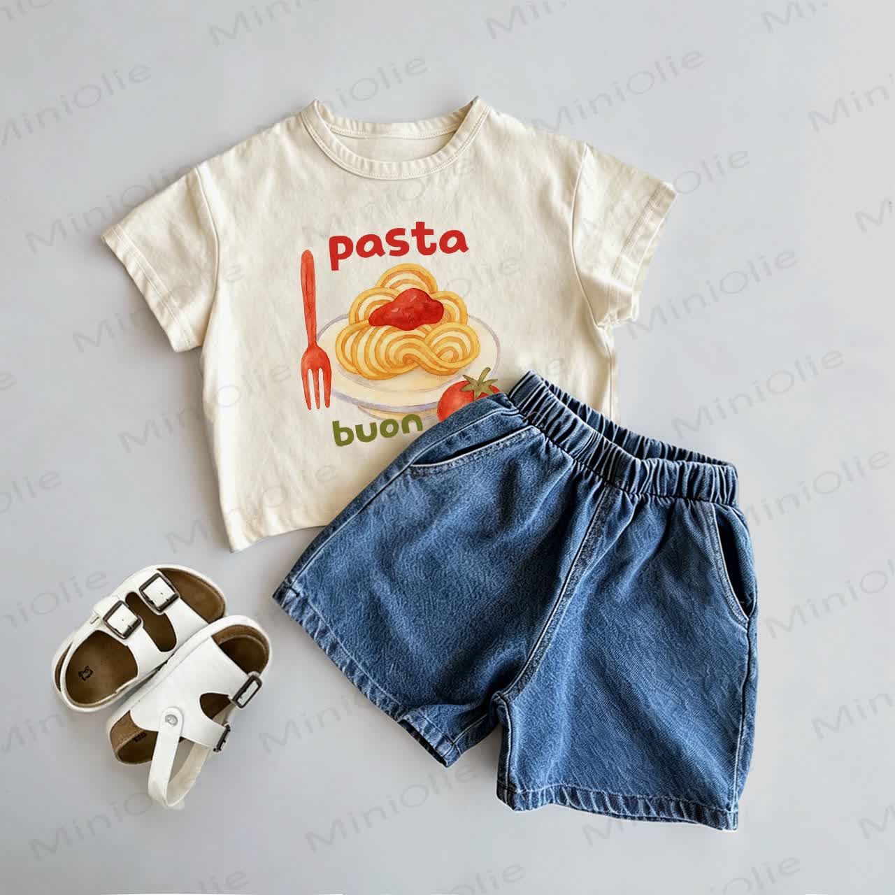 PASTA BUON Baby Toddler Pasta Print Tee and Denim Shorts 2-Piece Set - Beige - 3-5T - image 1