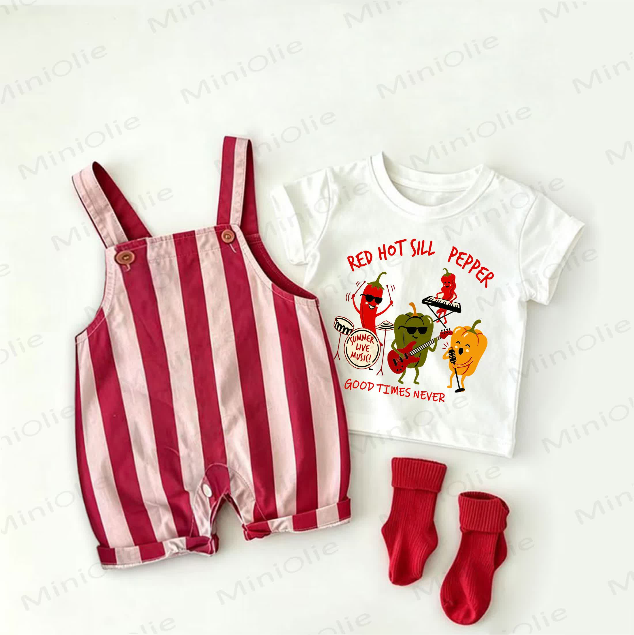 RED HOT SILL PEPPER GOOD TIME NEVER Baby Pepper Print Red Stripe Overalls and White Tee 2-piece Set - White&Red - 2-3T - image 1