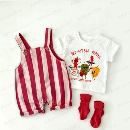 RED HOT SILL PEPPER GOOD TIME NEVER Baby Pepper Print Red Stripe Overalls and White Tee 2-piece Set - White&Red - 2-3T - image 1