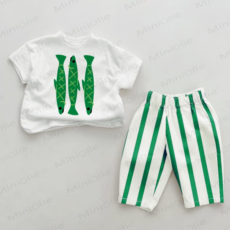 Baby Green Fish Vertical Striped 2-piece Set - White&Green - 2-3T - image 1