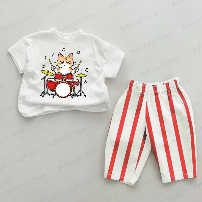 Baby Drumming Cat Red Striped Pants 2-piece Set - White&Red - 2-3T - image 1