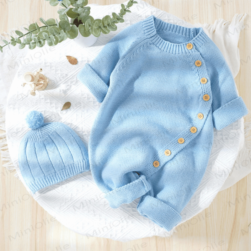 Baby Solid Color Knit Romper with Hat - image 15