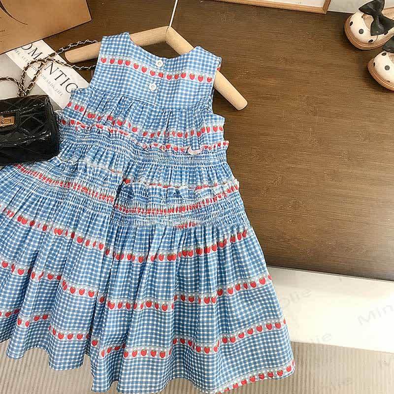 Toddler Blue Plaid Strawberry Sleeveless Dress - image 3
