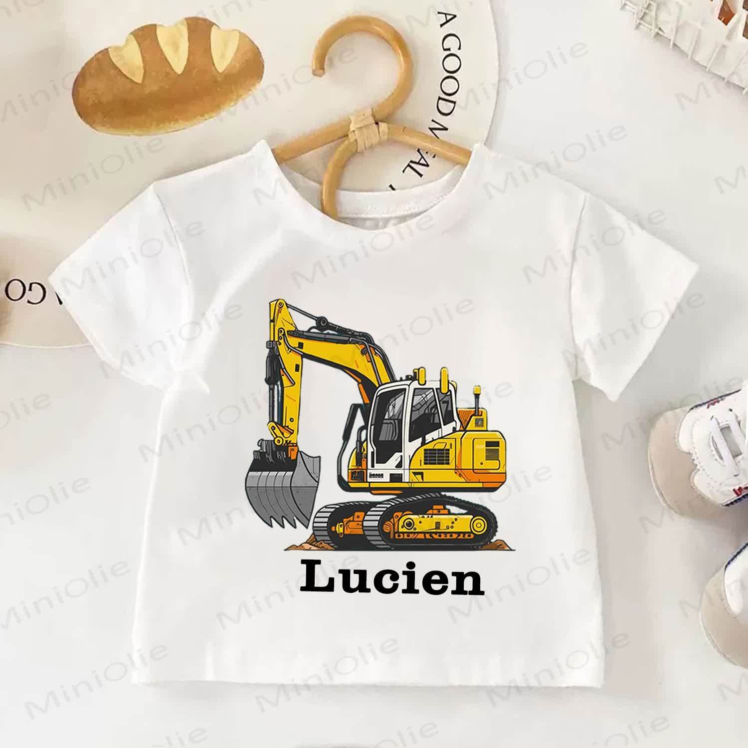 Personalized Yellow Excavator Name Customization Kid White T-shirt - image 1