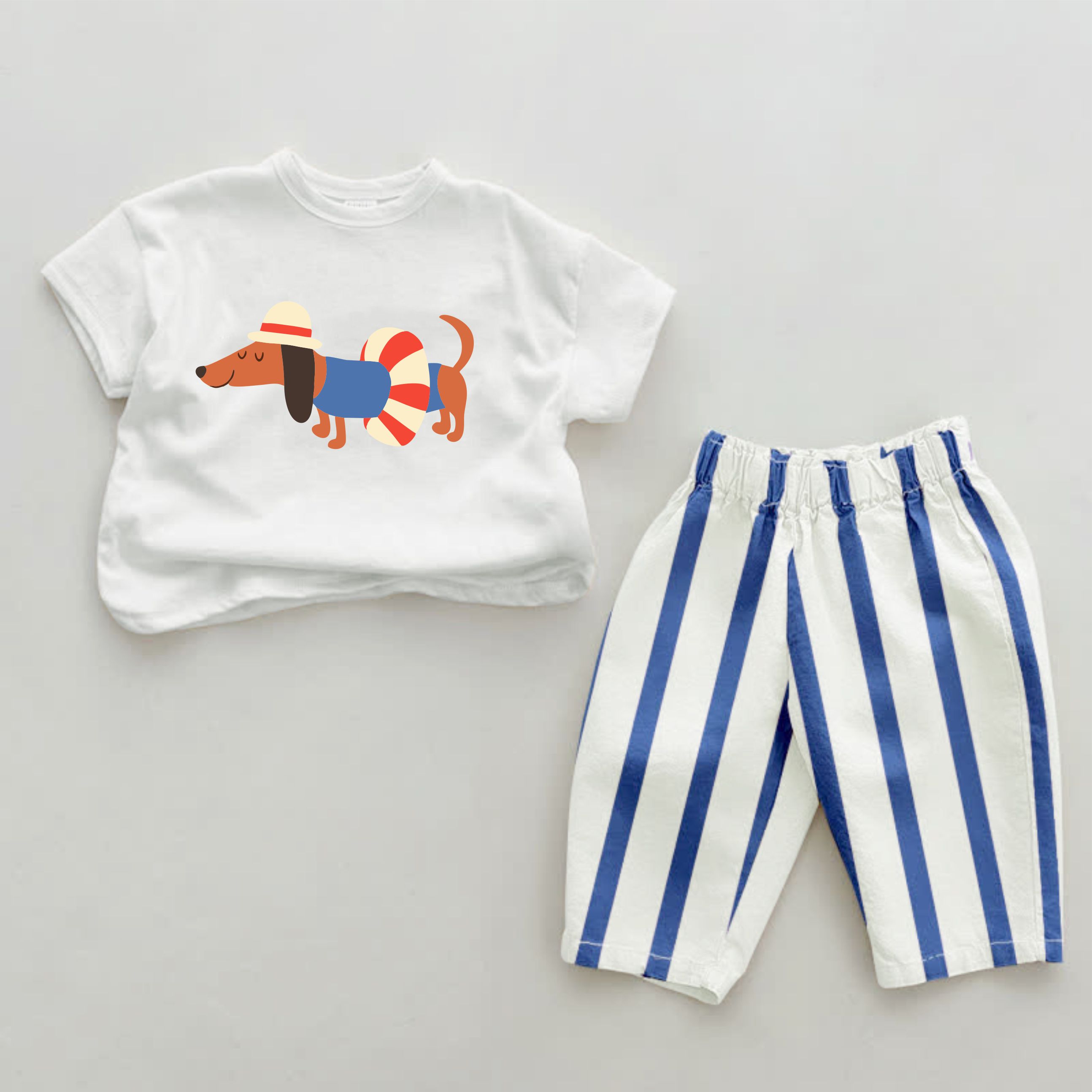Baby Daschund Print Blue Vertical Striped 2-piece Set - White&Blue - 2-3T - image 1