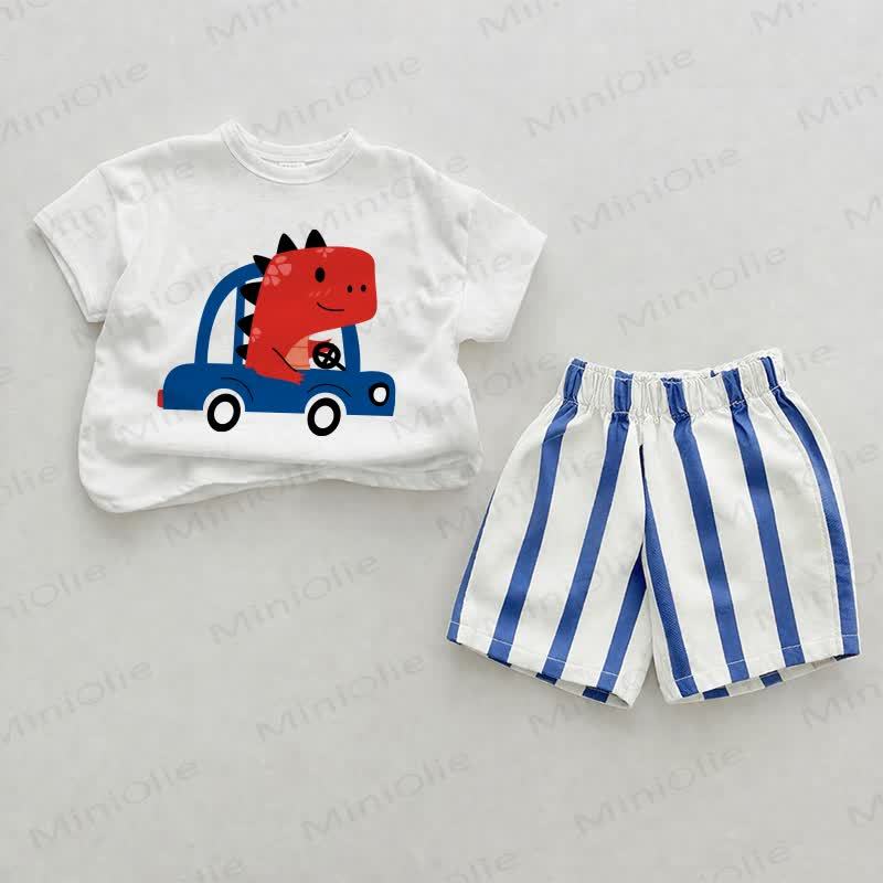 Baby Dino Print Blue Vertical Striped 2-piece Shorts Set - White&Blue - 2-3T - image 1