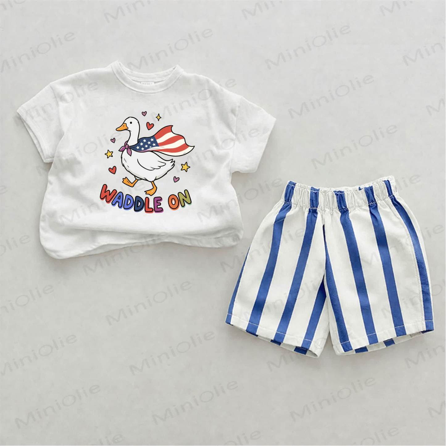 WADDLE ON Baby Duck Print Blue Vertical Striped 2-piece Shorts Set - White&Blue - 2-3T - image 1