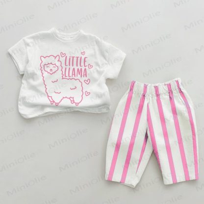 LITTLE LLAMA Baby Heart Pink Vertical Striped 2-piece Set - White&Pink - 2-3T - image 1