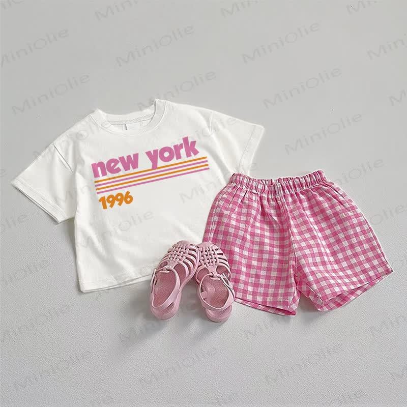 NEW YORK 1996 Baby Print Tee and Plaid Shorts 2-Piece Set - White&Pink - 3-5T - image 1