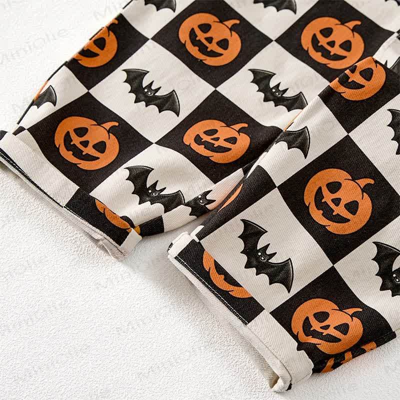 Baby Toddler Pumpkin Bat Black White Checkerboard Print Beige Overalls - image 7