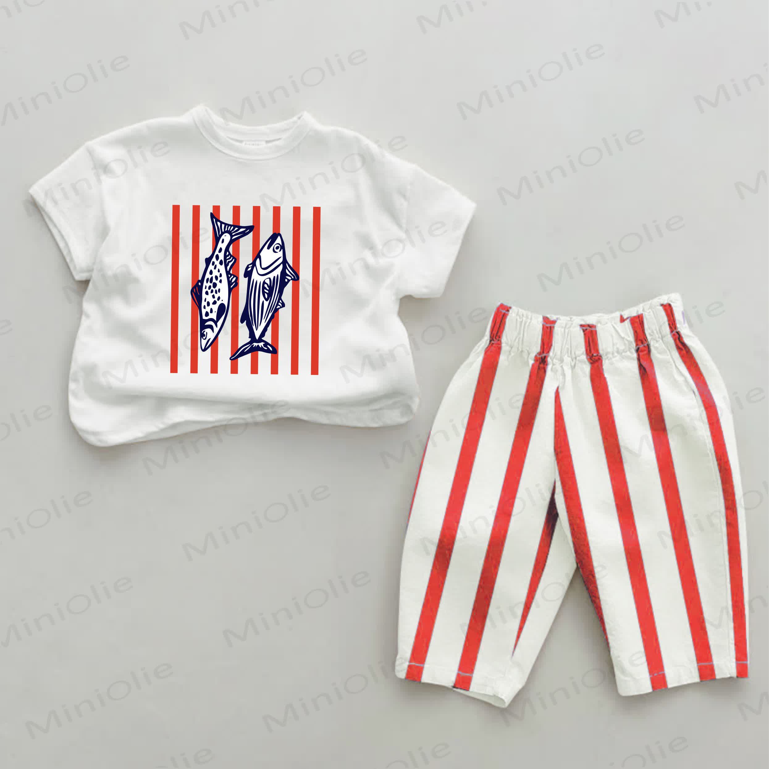 Baby Fish Print Red Striped 2-piece Set - White&Red - 2-3T - image 1